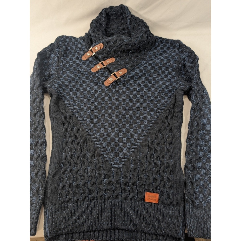 Leif Nelson Chunky Sweater Blue Heavy Cowl Leather Buckle Shawl / XL Super Slim